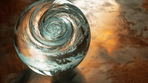 Hurricane happening inside of a glass globe that is sitting on a wooden desk