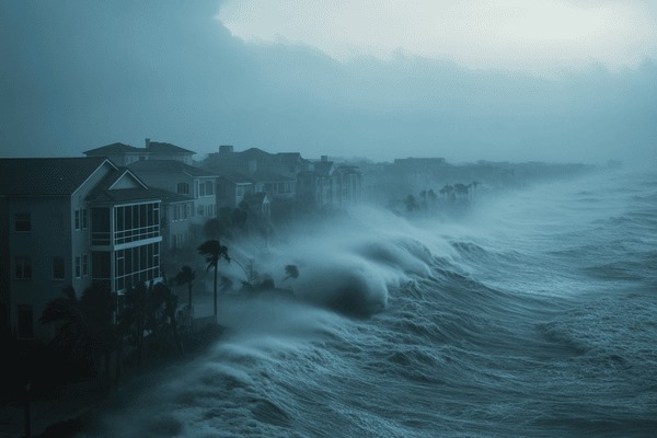 High waves from a hurricane battering a city on the coast