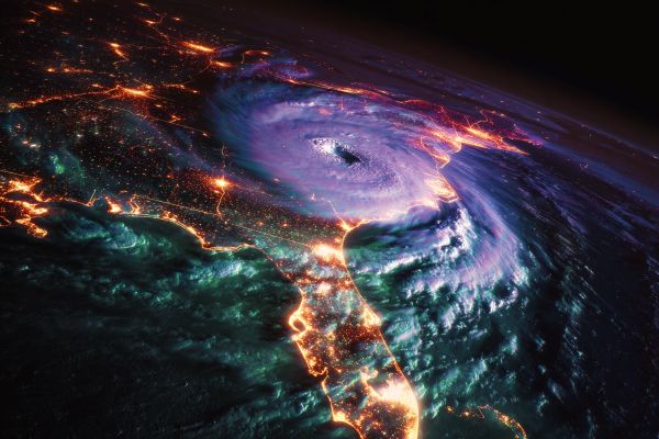 swirling hurricane clouds over a photo of the USA Eastern Seaboard with visible lights around Florida
