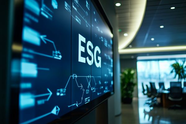 the letters ESG on a wall screen in a brightly lit office