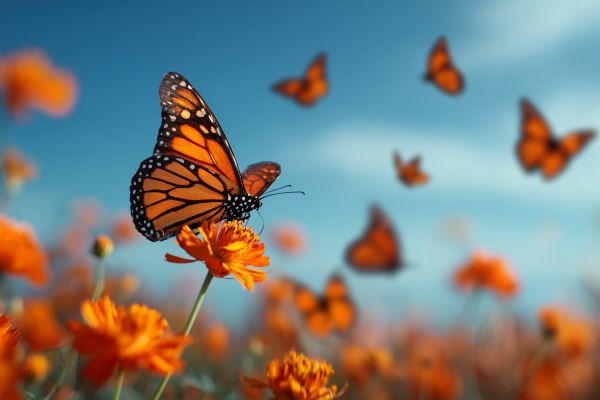 monarch butterfly landing on an orange flower in a field of flowers with other monarchs and a bright blue sky