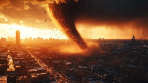 oversized tornado over a city
