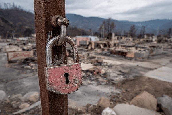 A padlock hanging on a metal pole in front of a neighborhood that was destroyed by a wildfire