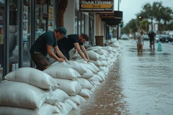 two people placing sandbags in front of a store as protection from rising floodwaters during a hurricane