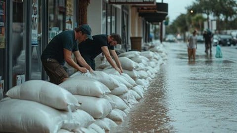 two people placing sandbags in front of a store as protection from rising floodwaters during a hurricane