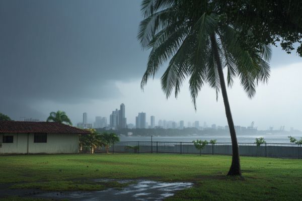 house with a green lawn on the coast of Panama during a rainstorm