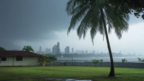house with a green lawn on the coast of Panama during a rainstorm