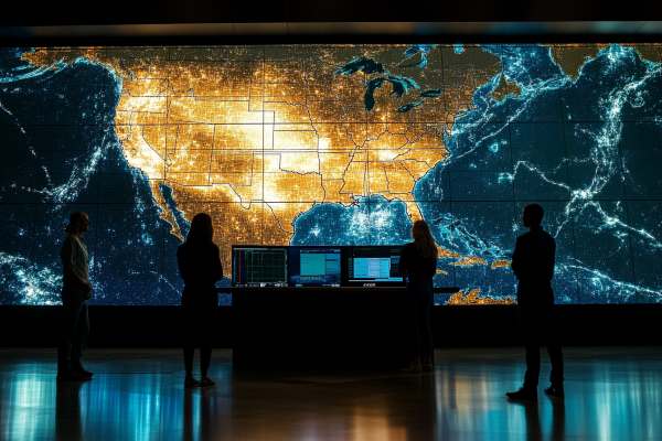 scientists watching a large wall screen with a yellow and blue digital image of a United States weather map 