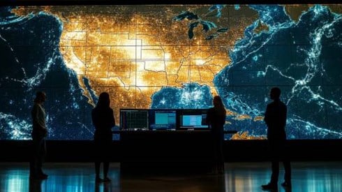 scientists watching a large wall screen with a yellow and blue digital image of a United States weather map