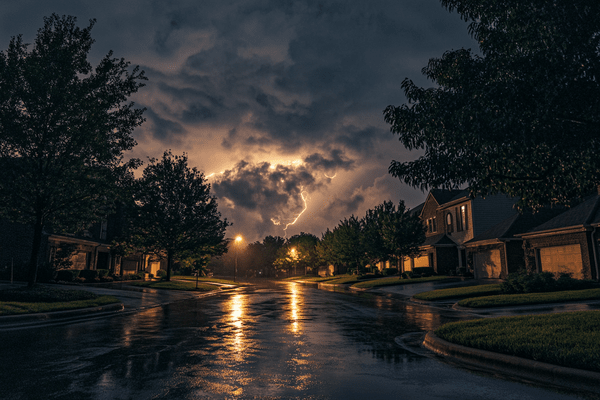 A thunderstorm at night in a neighborhood