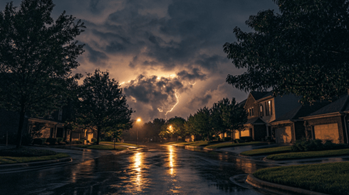 A thunderstorm at night in a neighborhood