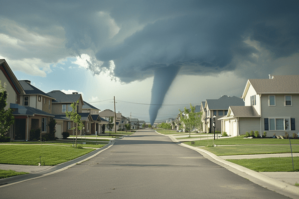 Tornado in the background about to strike a neighborhood