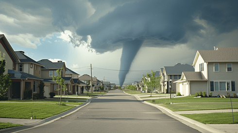 Tornado in the background about to strike a neighborhood