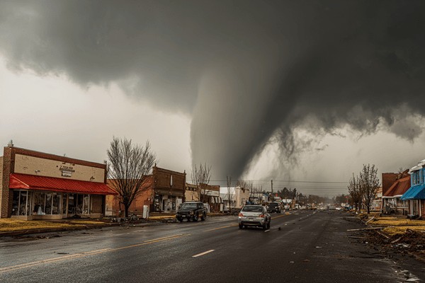 A large tornado on the horizon with a small town in the foreground