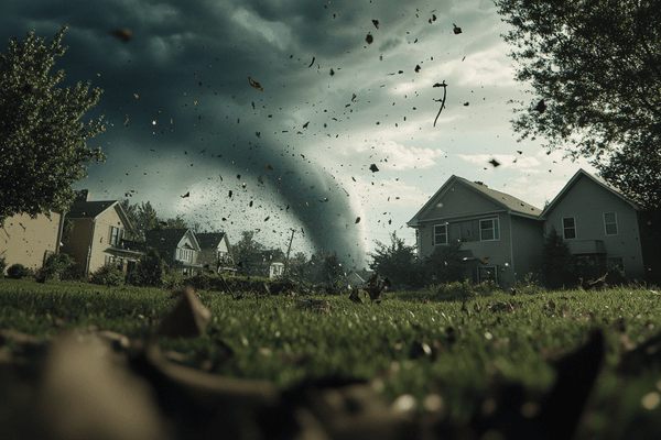 A tornado touching down in the middle of a neighborhood