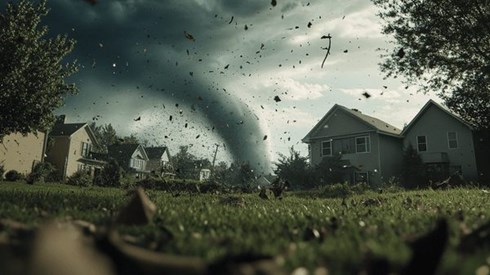 A tornado touching down in the middle of a neighborhood