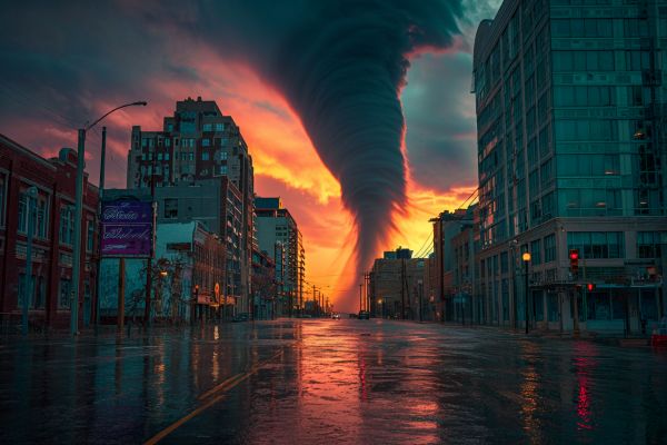 tornado cloud hitting a flooded downtown commercial district