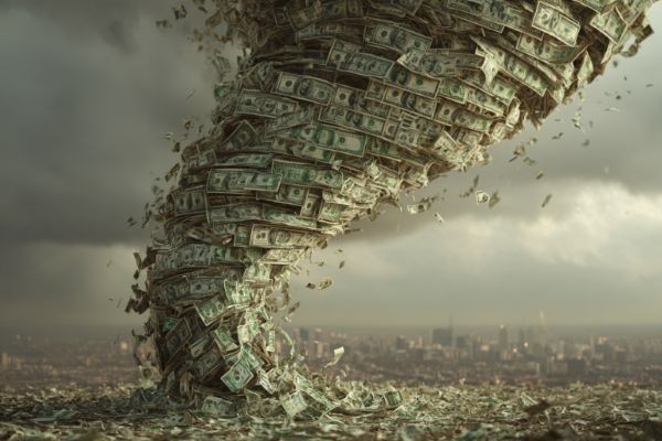oversized tornado cloud made from US dollar bills swirling over a city