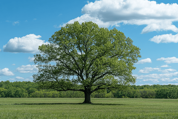 A single giant tree in a field on a sunny day