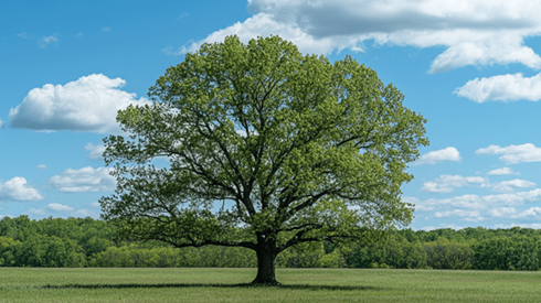 A single giant tree in a field on a sunny day
