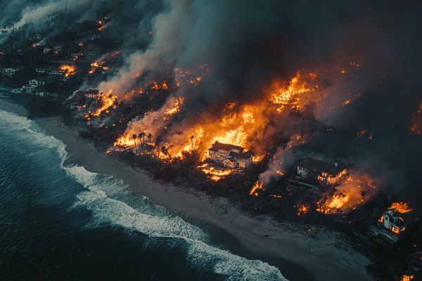 A wildfire burning homes on the beach