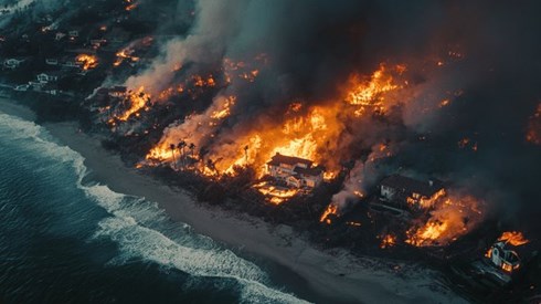 A wildfire burning homes on the beach