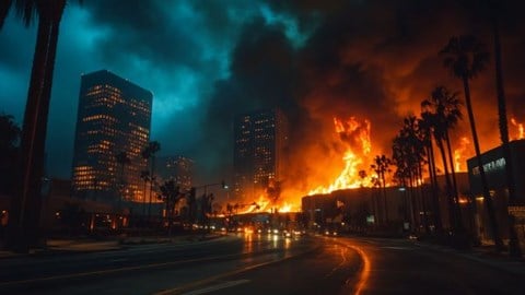 smoke clouds and wildfires burning structures in a business district