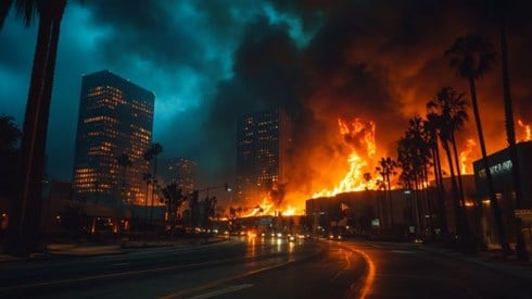 smoke clouds and wildfires burning structures in a business district