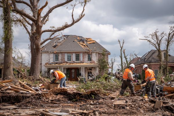 workers cleaning up debris after a storm in front of a damaged house and tree