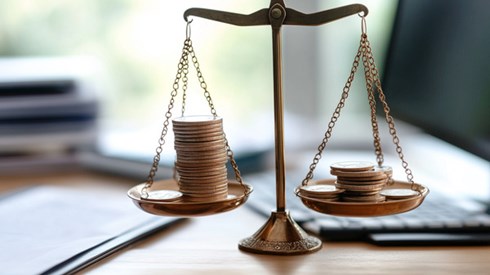 A balance scale with stacks of coins on both sides, and a computer in the background.