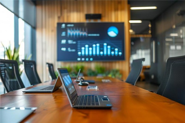 A conference room with a wood desk with laptops on it, with a large screen on the wall showing financial charts and graphs.