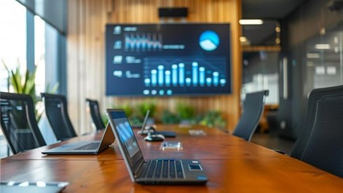 A conference room with a wood desk with laptops on it, with a large screen on the wall showing financial charts and graphs.