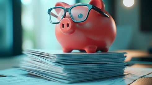A piggy bank wearing glasses and standing on top of a stack of documents.