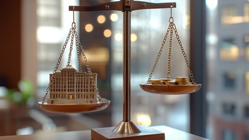 A balance scale on a desk in a corporate office, with one side of the scale holding a model office building, and the other side of the scale holding several stacks of gold coins.