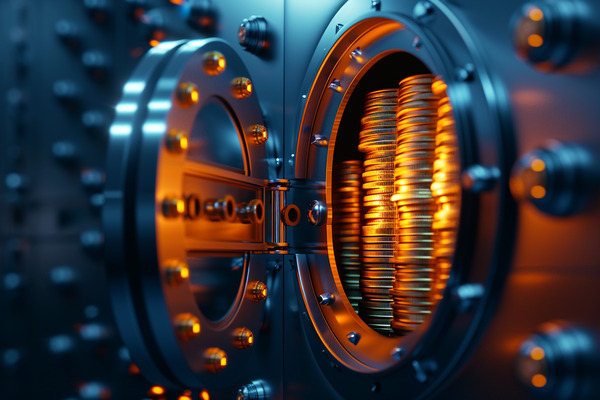 An open vault door with stacks of gold coins inside the vault