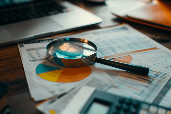 A magnifying glass sits on top of papers with tables, pie charts, and graphs next to a calculator and laptop