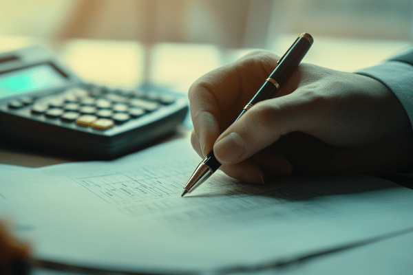 A business professional writing on a form with a calculator nearby on the desk