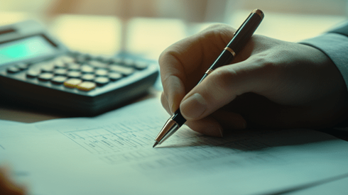 A business professional writing on a form with a calculator nearby on the desk