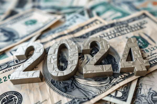 2024 on top of a pile of money