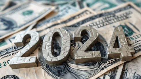 2024 on top of a pile of money