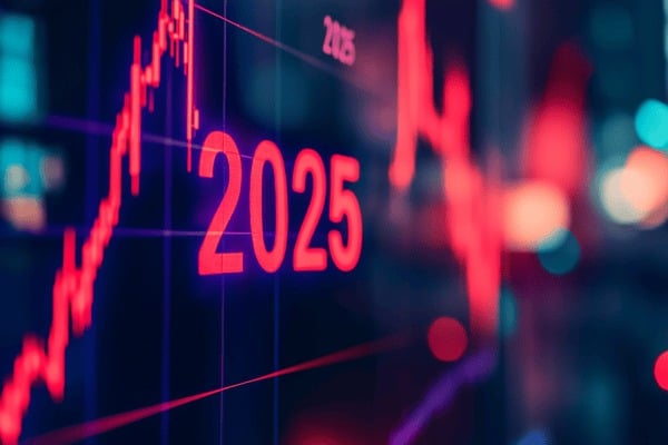 A downward trending graph and the number 2025 in bright red
