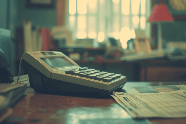 Old plastic calculator sitting on a desk next to reports