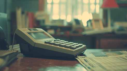 Old plastic calculator sitting on a desk next to reports