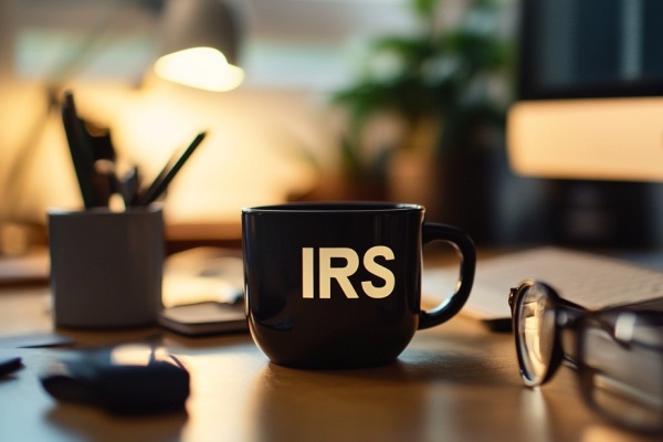 A black coffee mug with the letters "IRS" on it sitting on top of an office desk