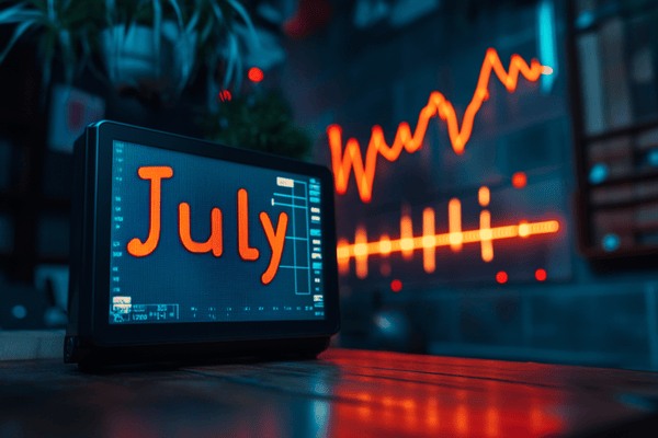 July on a monitor in front of an ascending graph and a stable line graph
