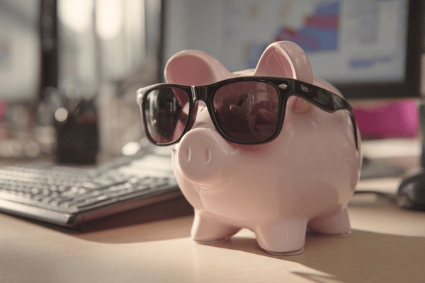 A piggy bank wearing sunglasses sitting on an office desk next to a computer