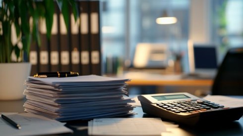 desk of a financial professional with a pen on a stack of papers next to a calculator
