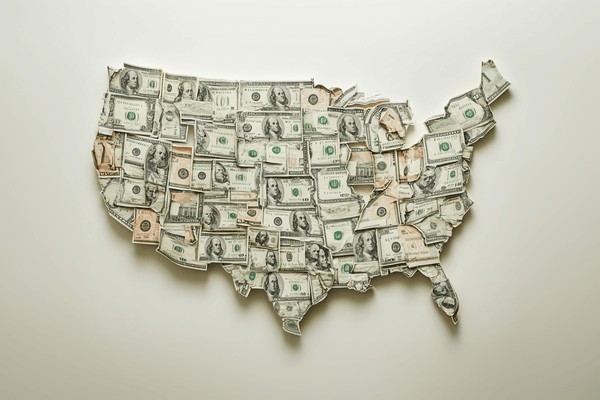 A map of the United States made out of dollar bills