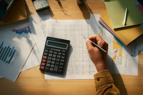 desk of an accountant with financial papers, a calculator, and the accountant's hand holding a pen