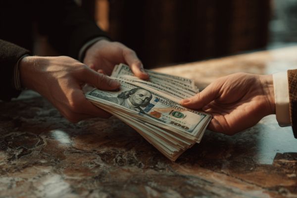 two businesspeople's hands exchanging stack of hundred dollar bills over a marble table